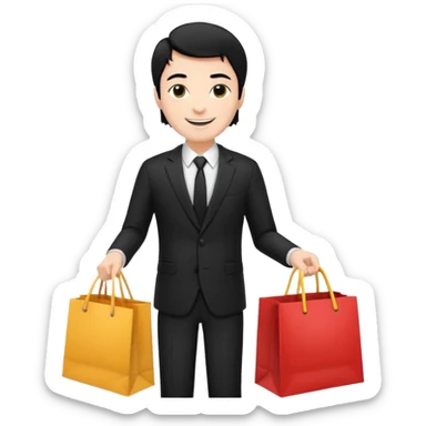 a white man black hair in a black suit with clothing shopping bag sticker