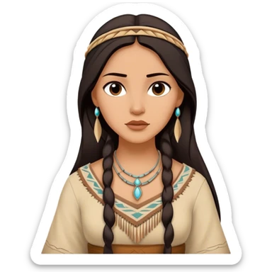 Cinematic Timeless Pocahontas Portrait Emoji, rendered in a realistic, vector style. Depict Pocahontas with warm, glowing skin, naturally flowing dark hair, and a serene, gentle expression, wearing traditional garments in muted earth tones. The design features bold, clean proportions, a soft, inviting glow, and a subtle glowing outline that captures her enduring natural beauty. sticker