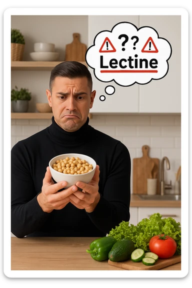un uomo in cucina tiene in mano una ciotola di legumi (come fagioli o ceci) e li osserva con un’espressione dubbiosa e leggermente preoccupata. Sopra la ciotola, una nuvoletta di pensiero mostra la parola “Lectine” evidenziata in rosso, insieme a simboli di allarme o punti interrogativi. Sullo sfondo, altri alimenti salutari sono visibili sul tavolo, sottolineando il suo scetticismo verso i legumi. sticker