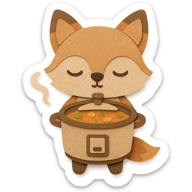 chibi slow cooker fox simmering soup, cute sleepy expression, soft beige, full-body sticker