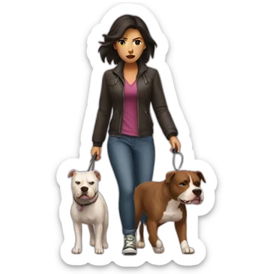 a woman with dark hair is angry and walks with a pitbull sticker