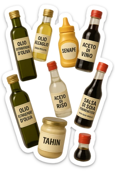 emoji stile iphone 3d di questi elementi che fluttuano in aria sparsi casualmente:

Olio extravergine d’oliva, burro chiarificato
Olio all’aglio (senza pezzetti)
Aceto di vino, aceto di riso, senape, tahin
Salsa di soia fermentata (senza aglio/cipolla)


 che fluttuano sparse casualmente in aria, le etichette dei prodotti scrivile in italiano, iperealistico 4k sticker