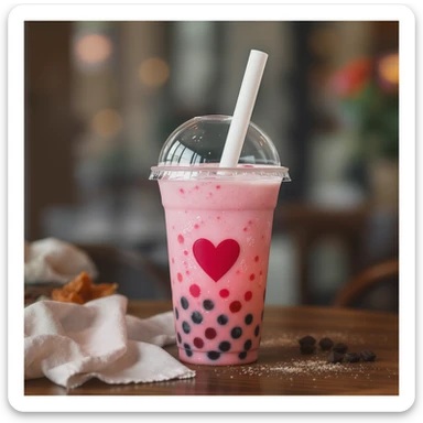 photorealistic elegant pink bubble tea with a heart accent, transparent background sticker