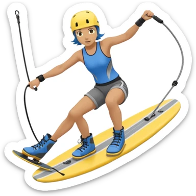 A person wakeboarding with one leg forward, the other bent for balance, leaning slightly back while holding a tow rope. Wearing a blue top, black shorts, gray boots, on a yellow board with small water splashes below. sticker