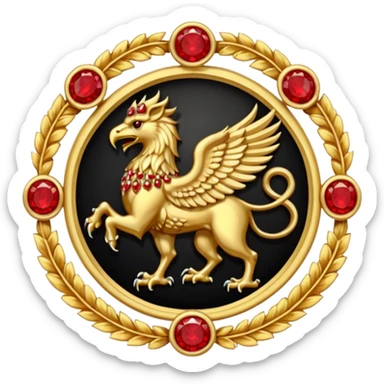 Golden griffin crest / brosch in a circle with red gems and no background sticker