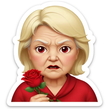fat old lady holding a rose with blonde hair and an angry expression sticker