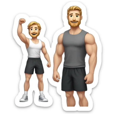 Full height Actively gesturing with hands Pale skinned Fit Man With the biceps and brown hair in dark gray Sleeveless Mike, black oversize sports shorts, watch and white Sneakers sticker