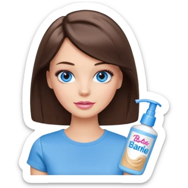 Barbie girl with makeup, blue eyes , and bob long haircut, short brown hair in creamy color T-shirt, face Wash Cream sticker