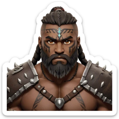 Clash of Clans aesthetic: Cinematic Rugged Barbarian Portrait Emoji, Intense and formidable with a heavily muscled physique, a rugged beard, piercing eyes, and battle-worn armor adorned with tribal markings, his expression fierce and resolute, Simplified yet powerfully detailed features, highly detailed, glowing with a deep, primal energy, high shine, gritty and uncompromising, stylized with an air of raw, untamed power, focused and determined, soft glowing outline, capturing the essence of a barbarian warrior carved by countless battles and poised to lead his clan into epic conflict! sticker