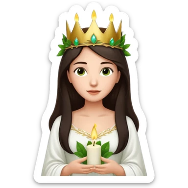  saint lucia with dark brown hair with a white gown and a crown made from greenery with candles on the crown sticker