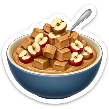 bowl with apple chunks with peanut butter sticker