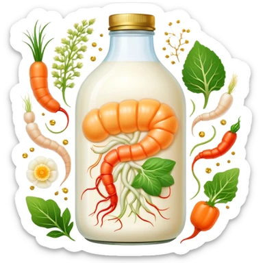 Probiotic foods (yogurt, kefir, kombucha bottle, miso, kimchi, sauerkraut) surrounding a glowing intestinal system. Tiny beneficial bacteria represented as golden particles flow between the foods and the intestine, creating a garden-like ecosystem of inner harmony and health. sticker