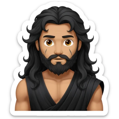 Hades from Olympus Gods with long black wavy hair and beard, black loincloth sticker