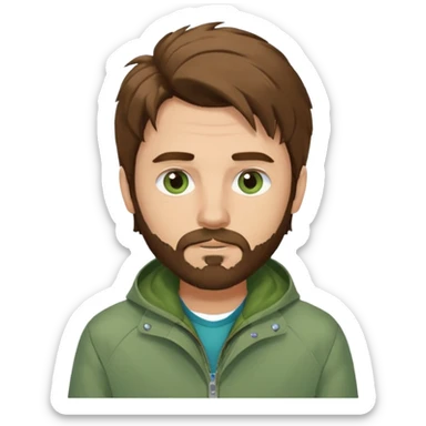 male with long messy brown hair, small facial hair, greyish blue eyes, wearing a green jacket sticker