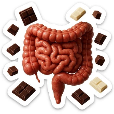 pezzetti di cioccolato fondenti, al latte e bianchi fluttuano intorno ad un intestino umano anatomico realistico, IPERREALISTICO 4K sticker