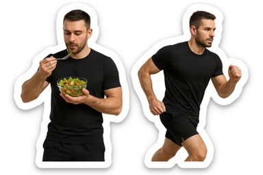uomo fitness che mangia insalata accanto a uomo identico esteticamente che corre, iperrealistici 4k sticker