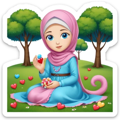 Turkish beautiful finish Konya girl blue eyes with candy hijab long tail dress and sits on the grass on the ground and sends hearts with her hand  sticker
