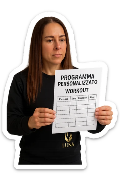 Donna con in mano Scheda di allenamento di palestra con scritto "Programma Personalizzato" sticker