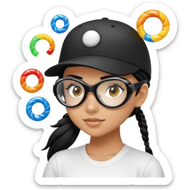 girl with black ponytail wearing black baseball hat with goggles that have LED spirals on them sticker