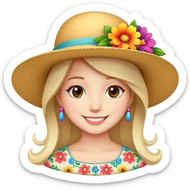 girl with a fancy wide-brimmed hat with flowers, happy face sticker