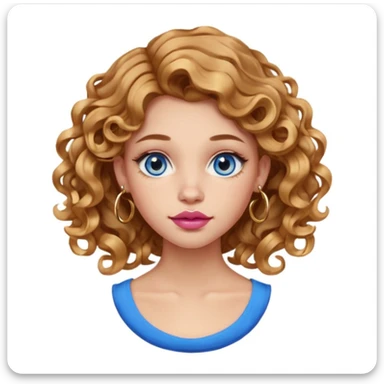 girl with light brown honey wavy hair (subtle side part and 2b curls). blue eyes. one golden nostril piercing (hoop). 6 golden hoop earrings. one golden hoop helix piercing. pink big lips.  sticker