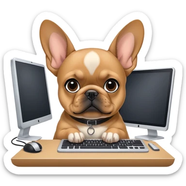 Fawn Frenchie with black muzzle working behind computer sticker