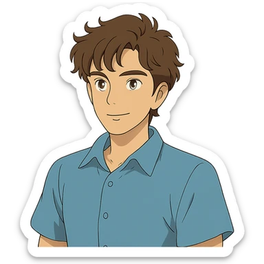 ghibli style good looking young adult boy with brown curly hair and brown eyes sticker