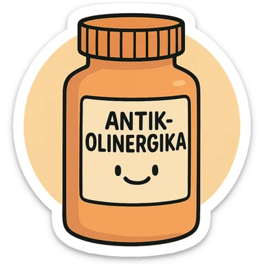 cartoon style pill bottle labeled 'Antikolinergika', no face, arms, or legs sticker