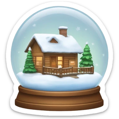 A snow globe with a cabin and a small family sticker