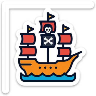 pirate ship, color outline icon style, black outlines with flat color fills, playful and clear, suitable for UI sticker