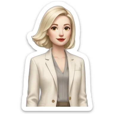 pale skin woman with ash blonde Straightened bob Hair, White Spacious classical jacket, beige palazzo Arrow pants and gray blouse holding RAL colour palette in the hands sticker