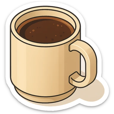 coffee in a large mug with handle, isometric view, 2D isometric style, detailed drawing, detailed shadows and highlights, clean contours, soft lighting, transparent background sticker