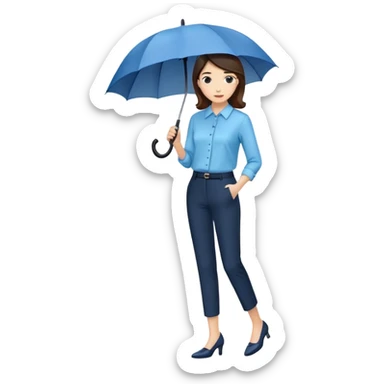 female smart light blue blouse, dark trousers, shoes. one hand holding an umbrella sticker