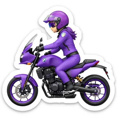 Créer un emoji avec une moto mt07 sport noir mate / violet iridescent très foncé, pare-brise de la moto violet. Avec une femme pilote dessus, visage caché’ par la visière violette, visière cachant tout le visage .Avec en arrière plan cercle violet. sticker
