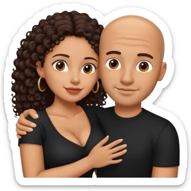 A picture of an embracing tanned couple. the man is a Mexican man with tanned skin, with a bald hair cut, short beard and wearing a black shirt. the woman is short with long curly dark brown hair and with big boobs  sticker
