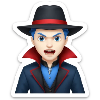Vampire with blue hat,black coat with read collared ,teeth looks like vampire with aggression on face and full body. sticker