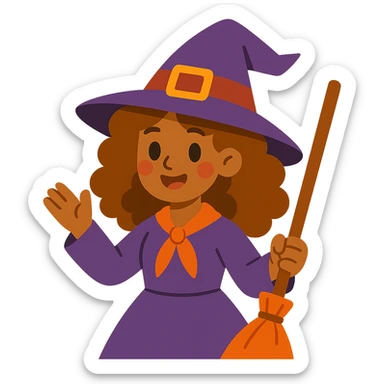 vibrant toon style witch with caramel brown curly hair sticker