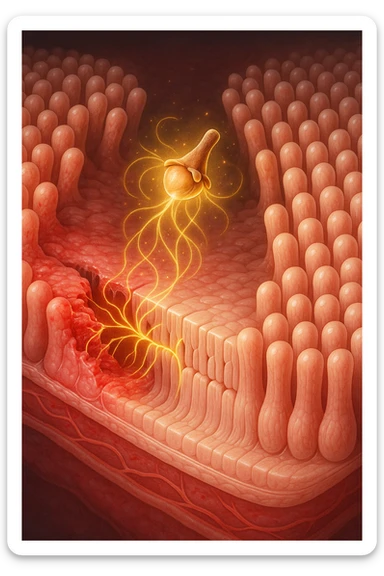 Scientific visualization. A damaged, inflamed section of intestinal lining. A miniature, glowing clove is positioned like a healer, sending out tendrils of golden energy that soothe the inflammation and weave the cellular barrier back together, creating a healthy, sealed surface. sticker