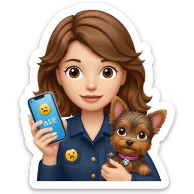 woman with long brown wavy hair holding a Yorkshire Terrier, with an iPhone and a sale badge, emoji style sticker