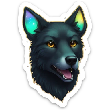 Black iridescent fluffy dog fox head zombie skull skeleton gold mechanical nebula galaxy stars colorful flowers fairy lights vintage sticker