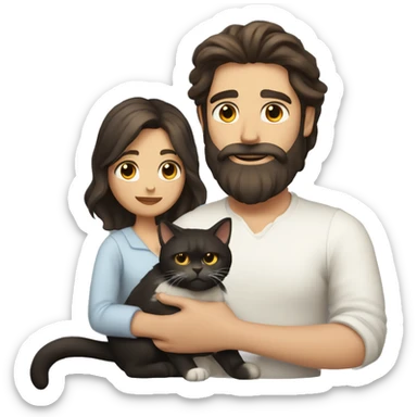A whit man with dark brown hair and beard holding calico cat sticker