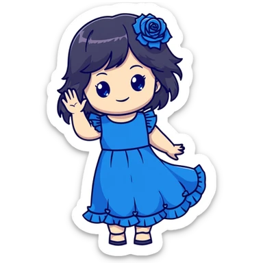 cute chibi girl with long dark hair, blue rose in hair, bright blue eyes, black frilly dress, smiling and waving sticker