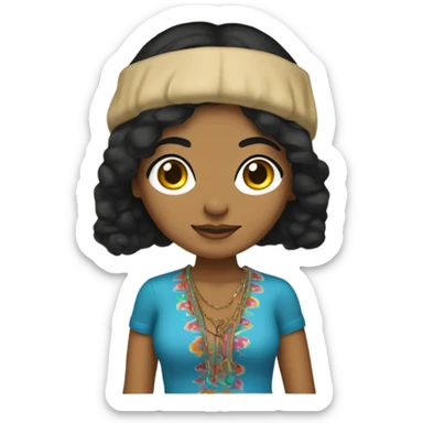 Tanned woman with black hair dressed in 1970s hippie attire, hair, makeup, and attire sticker
