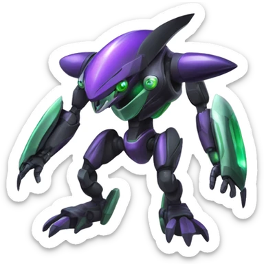 a shiny black-green Genesect-Raptor-Fakémon-Medabot-hybrid with a futuristic visor-helmet full body sticker