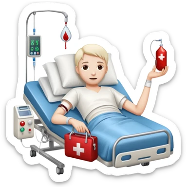 patient lying in a hospital bed with a blood bag connected to their arm sticker