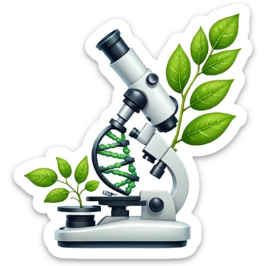 An icon featuring a DNA strand, a microscope with visible cells, and a green leaf, symbolizing biology. The design includes animal cells, plant structures, representing the study of living organisms and ecosystems. Transparent background highlights life sciences and biological research. sticker