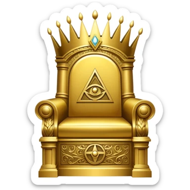 wide big iron gold Illuminati throne with glowing Illuminati symbol sticker