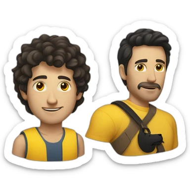 a skinny Caucasian brunnet man and a Caucasian black haired man with a yellow dog sticker