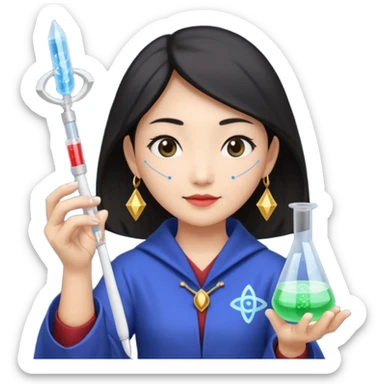 emoji of an asian woman wizard who wields a micropipette as a wand and a DNA helix spell coming from the pipette wand sticker