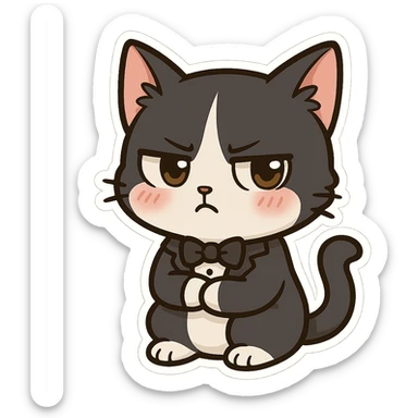Make a cow cat into a cat in a tuxedo, with black and white fur and a tsundere, cute expression. Keep it in a playful chibi sticker style with no background. sticker